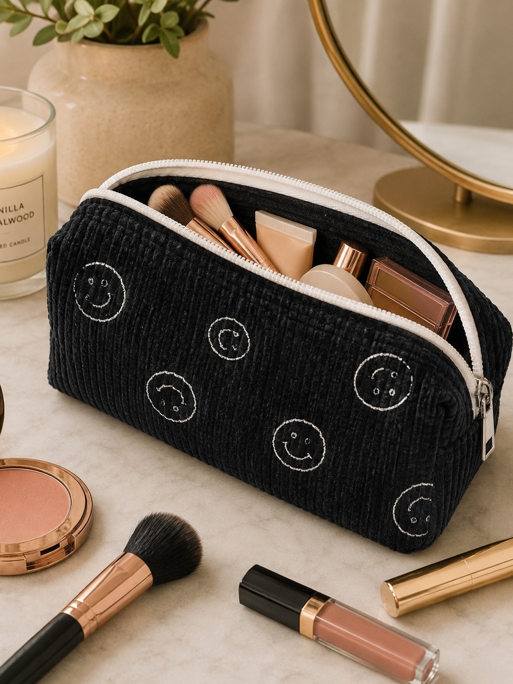Black Corduroy Smiley Cosmetic Pouch - Everyday Makeup Organizer - NIP
